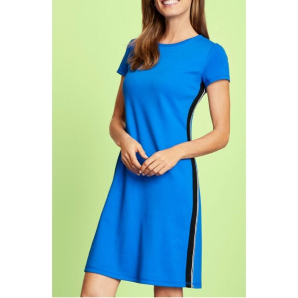 Talbots XL Pique Dress Stretch Short Sleeve Blue White Side Stripe NWT Washable